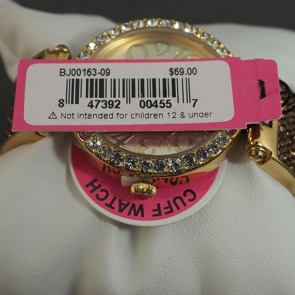 Betsey Johnson Watch Gold Glitter Cuff Rhinestone Bezel Glam Bling Statement